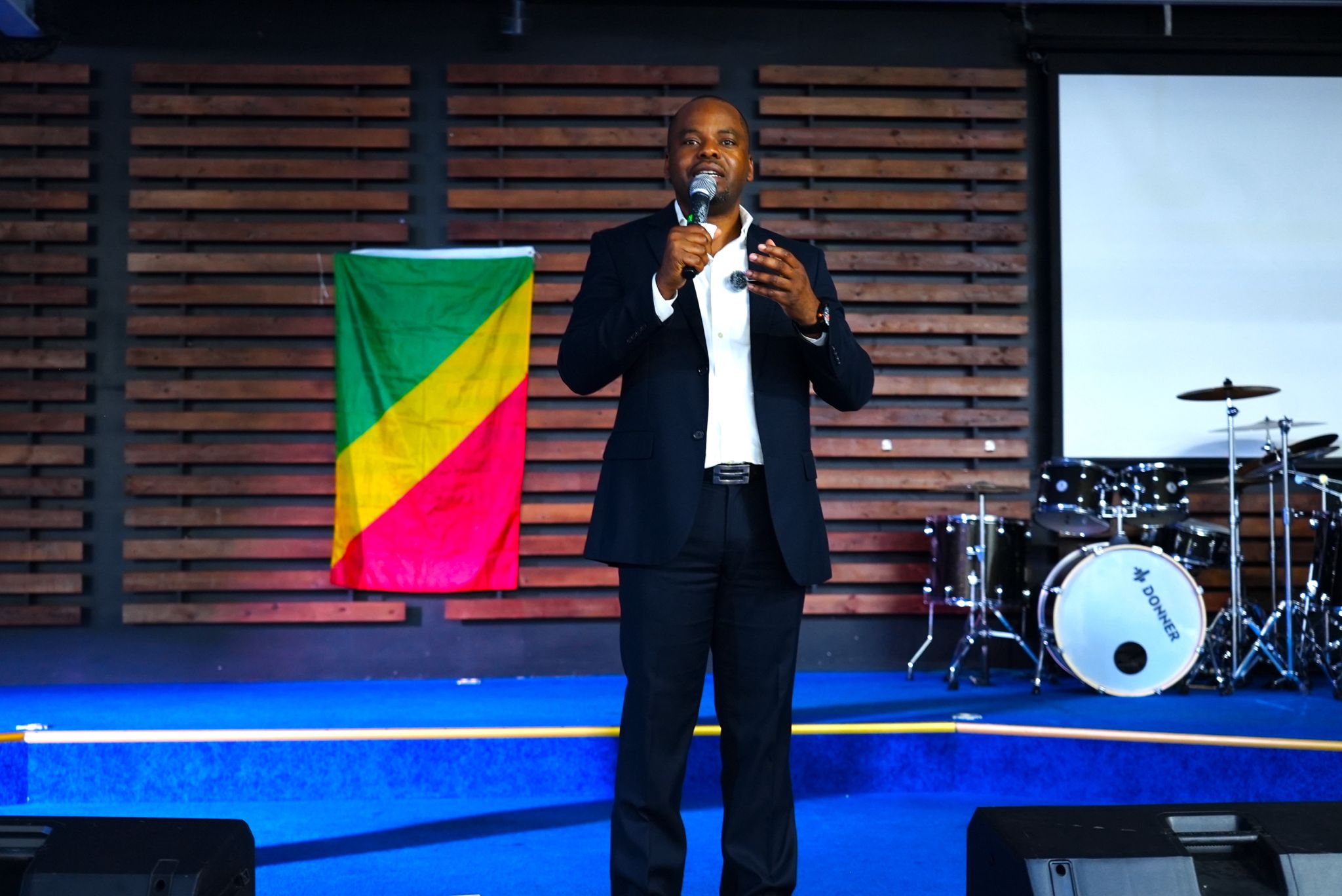 Indoor Congolese Independence Day party with Republic of Congo flag decorations