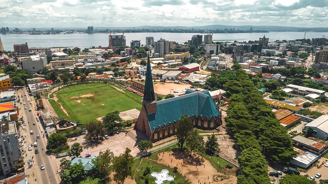 Aerial view of the Congo River with Brazzaville and Kinshasa on its banks